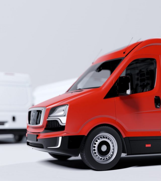 Red commercial van and fleet of white trucks. Transport. Transport and shipping Red commercial van and fleet of white trucks. Transport, shipping industry. 3D illustration